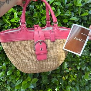 Coach Pink and Tan Tote Bag with Woven Design